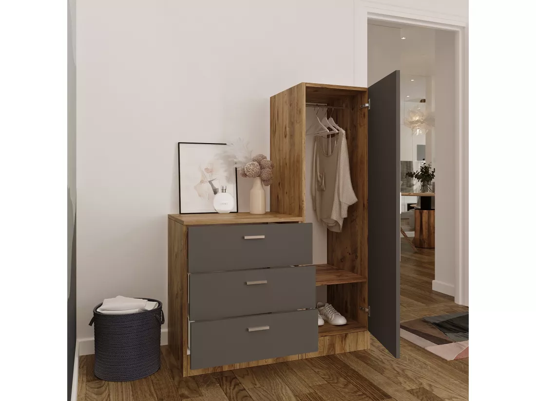 Armoire et commode polyvalente blanche, gris et noyer Dreka 100cm