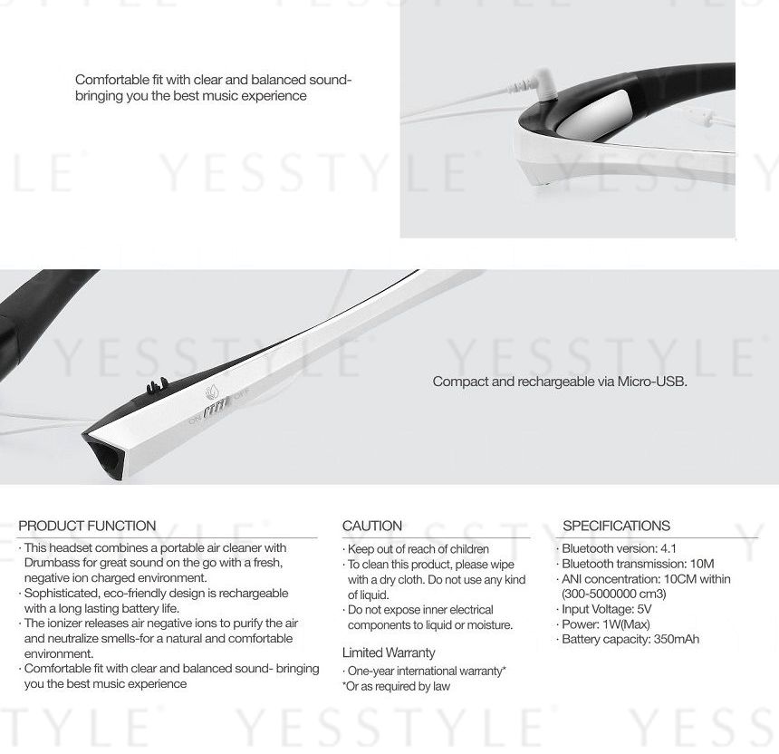 LIFETRONS - Draagbare luchtreiniger met DrumBass draadloze Bluetooth-headset