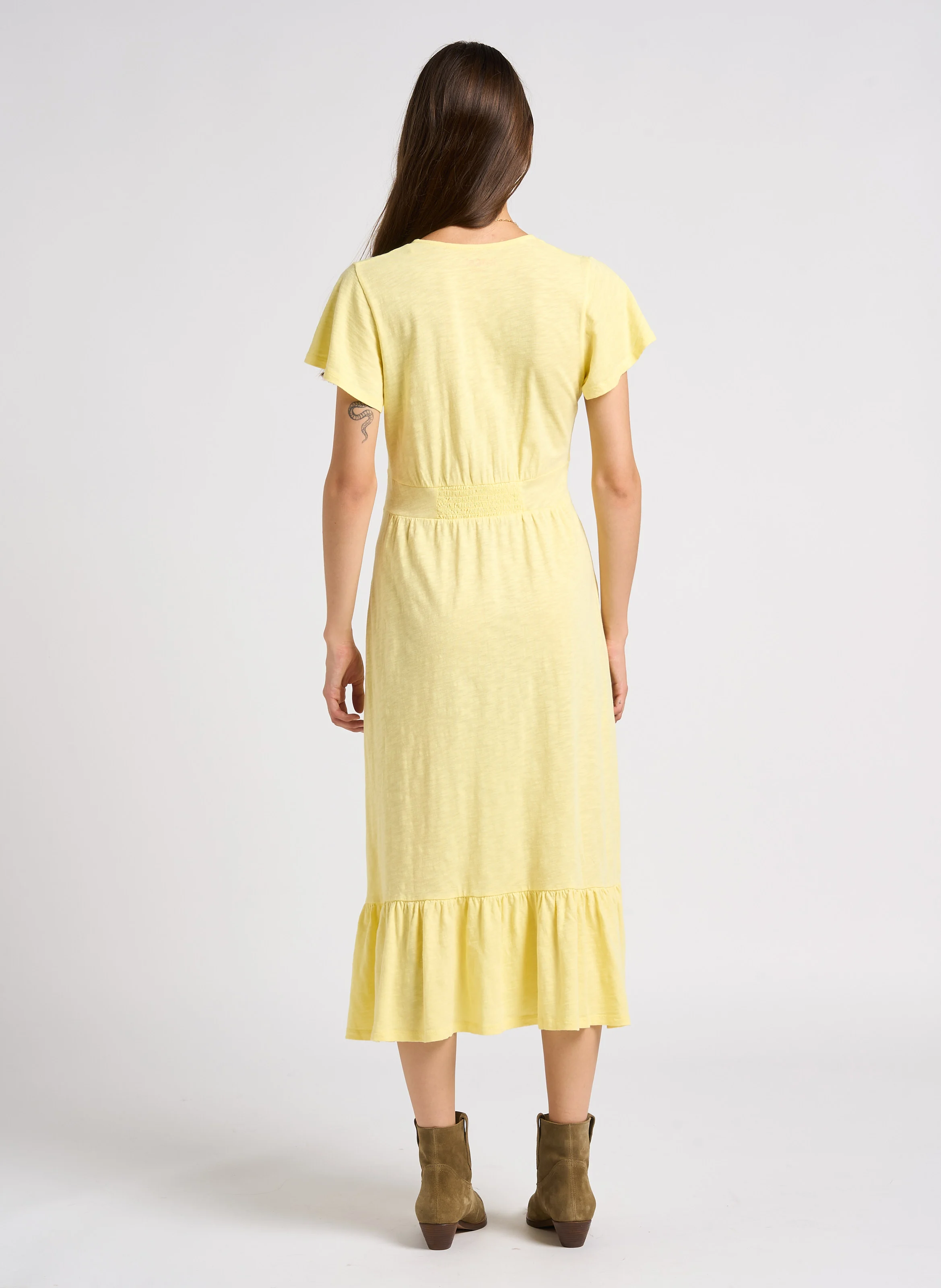 VALMA - Robe midi col V en coton| Jaune