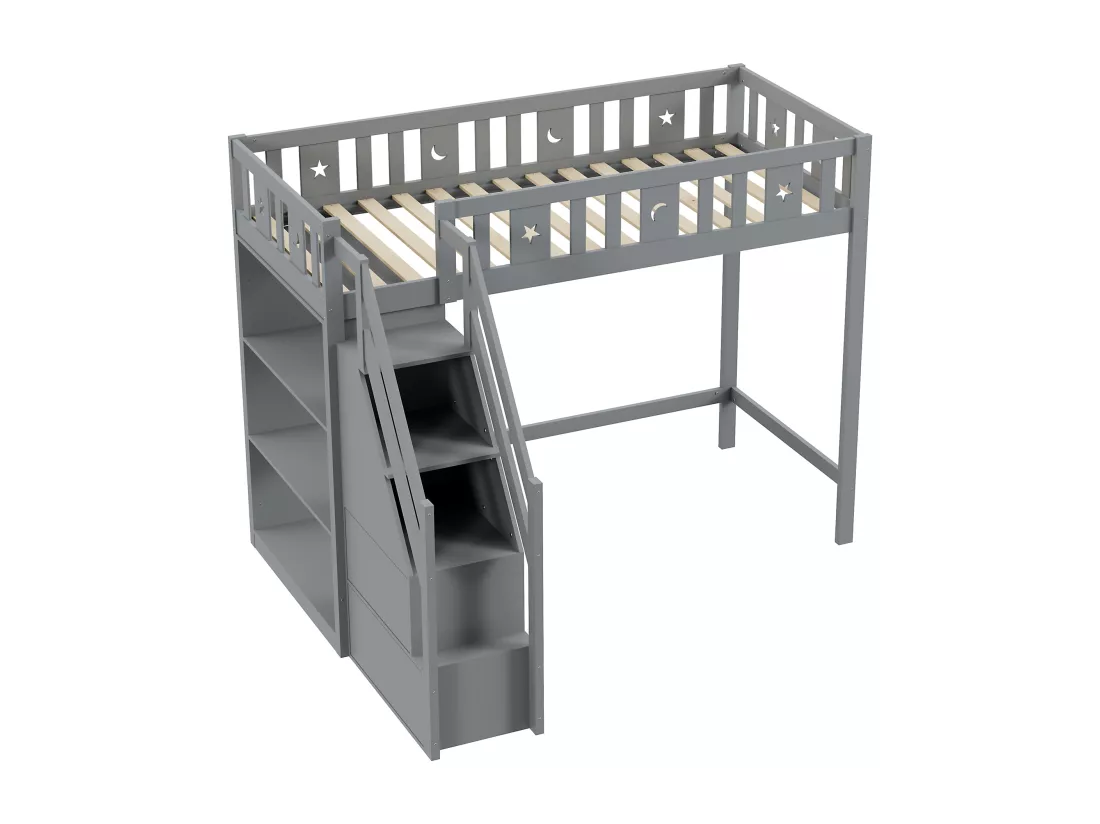 Lit mezzanine 90 x 200 cm avec échelle de rangement et étagères - Bois de pin et MDF - Gris