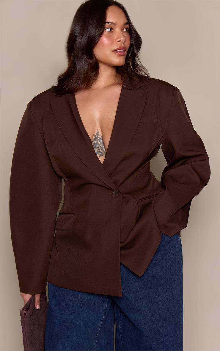 Chocolat Blazer Grande Taille À Manches Cocon Et Détail Asymétrique