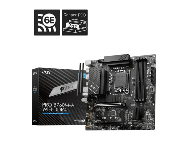 MSI PRO B760M-A WIFI DDR4 - Bundkort - micro ATX - LGA1700 sokkel - B760 Chipset - USB 3.2 Gen 2, USB 3.2 Gen 1, USB-C 3.2 Gen 1 - 2.5 Gigabit LAN, Wi-Fi 6E, Bluetooth - onboard grafik (CPU påkrævet) - HD Audio (8-kanaler)