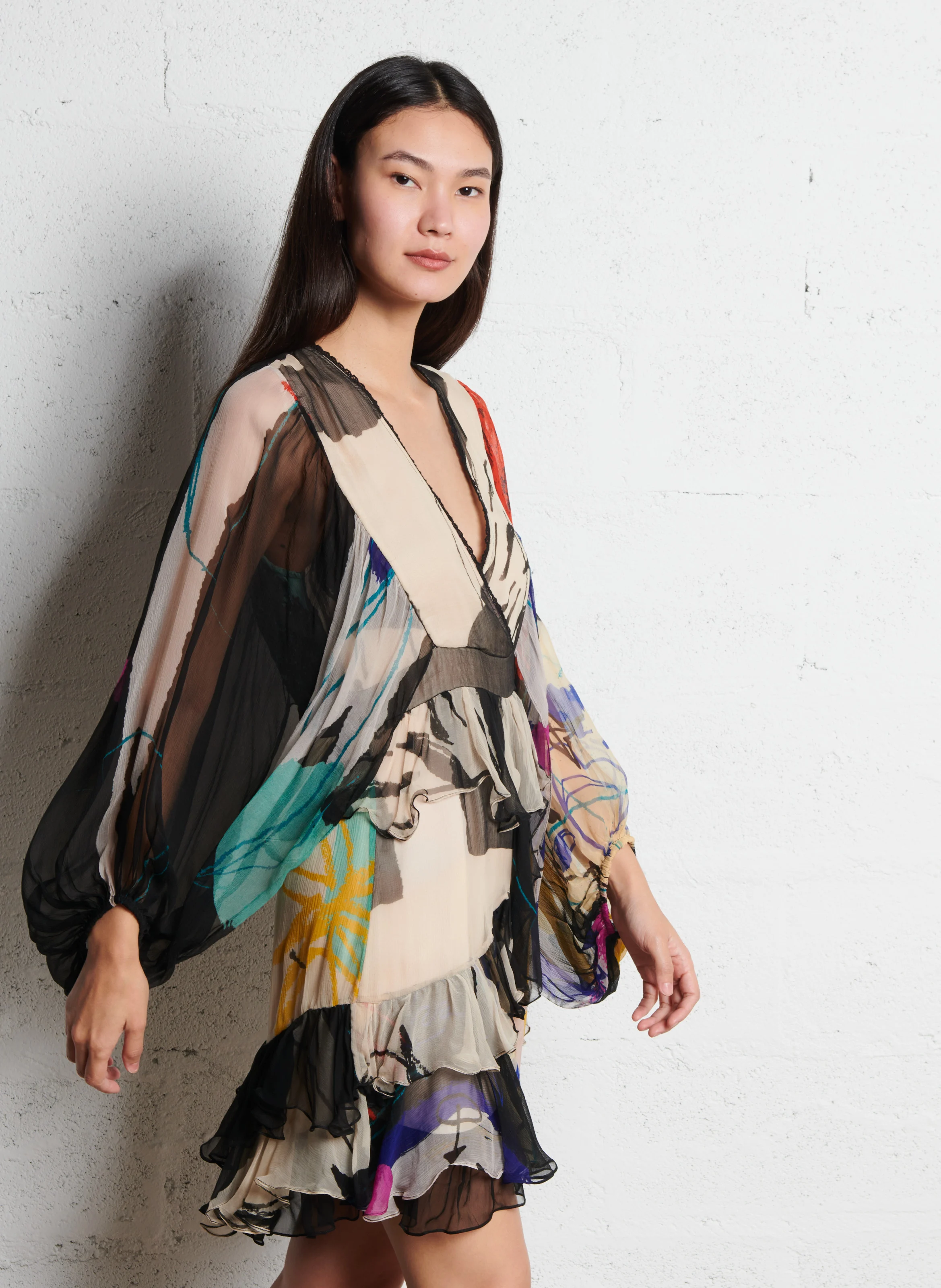 MAUGHIN - Robe courte imprimée à volants| Multicolore
