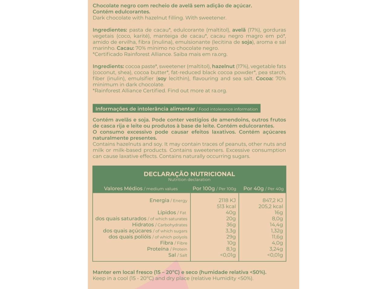 TABLETE ZESTY 70% CACAU COM CREME AVELÃ SEM AÇÚCAR80 G
