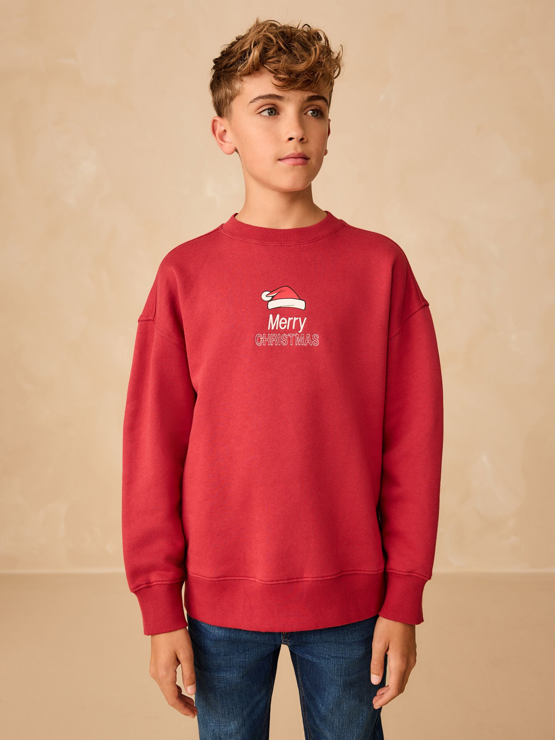 Rood - Sweatshirt met pailletten en kerstmanprint met ronde hals (3-16jr)