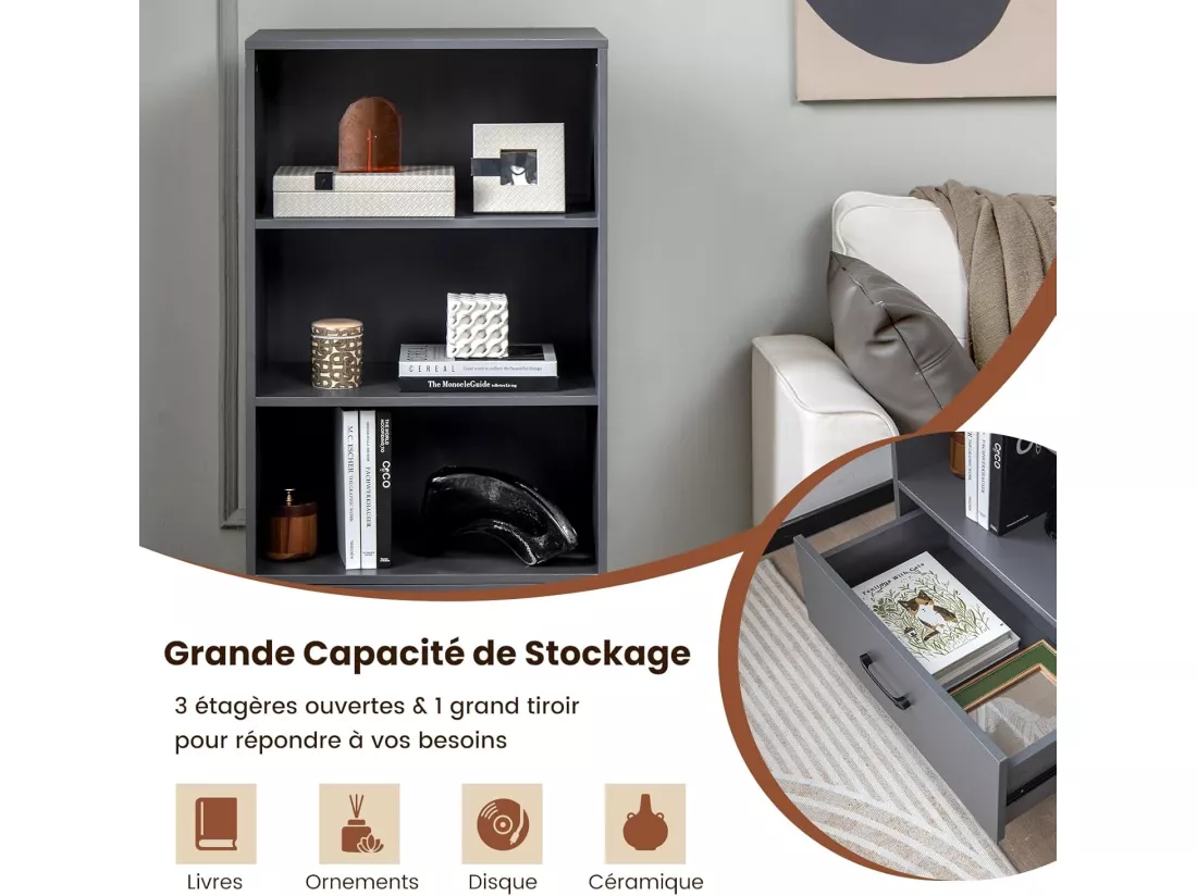 Bibliothèque étagère en bois à 4 niveaux avec grand tiroir (60 x 38 x 120 cm,gris)