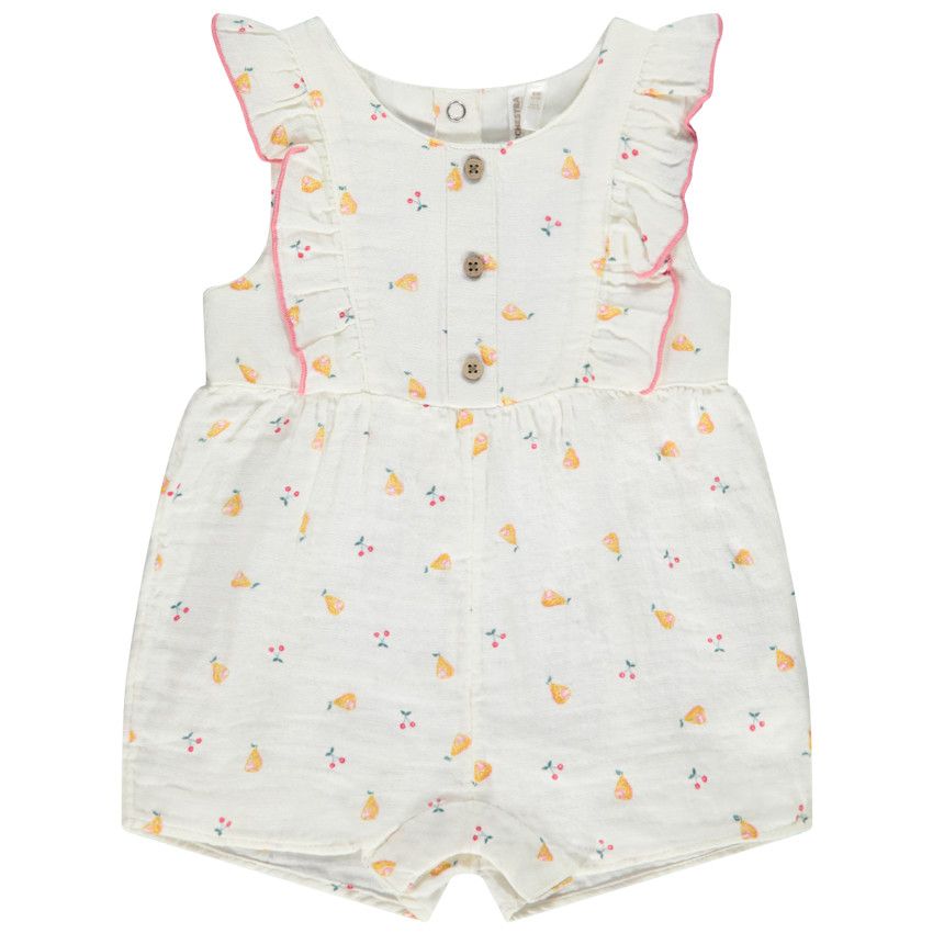 Combinaison courte en gaze de coton imprimé fruits pour bébé fille - Ecru