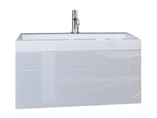 Meuble sous vasque suspendu collection RAVEN, coloris blanc mat et brillant, avec vasque et siphon inclus