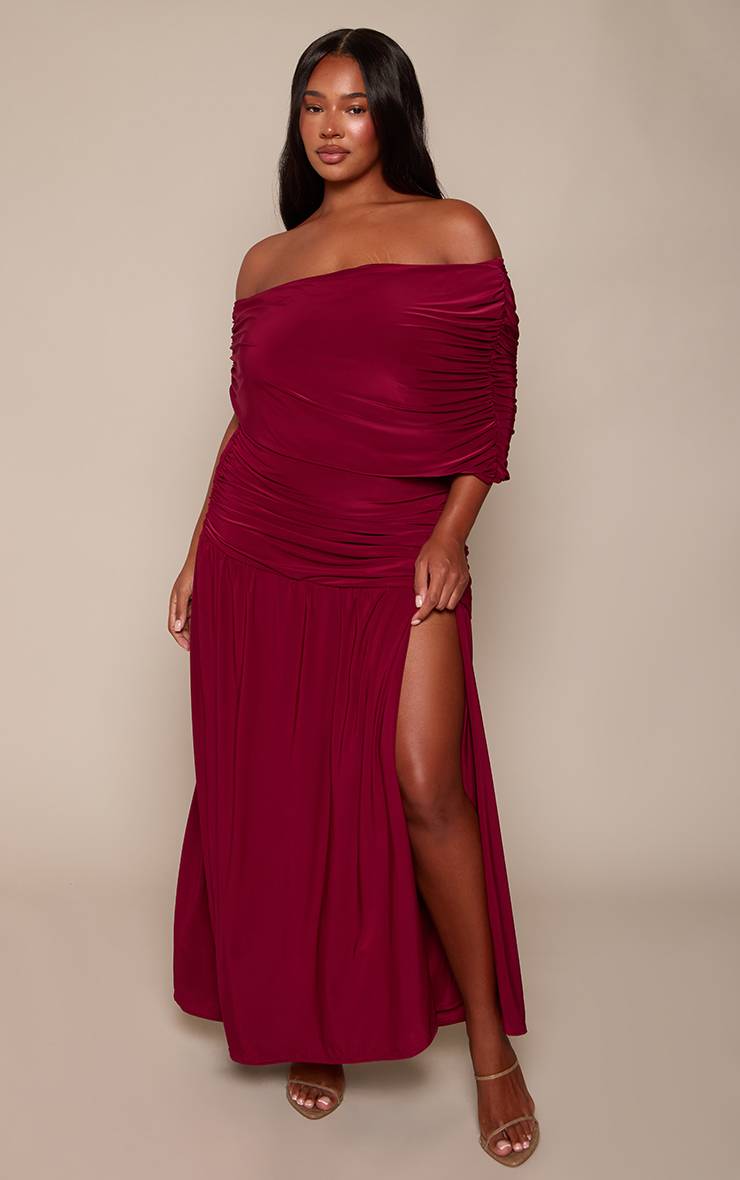 Rouge Robe Maxi Grande Taille En Jersey Slinky Double Couche À Encolure Bardot Et Fronces
