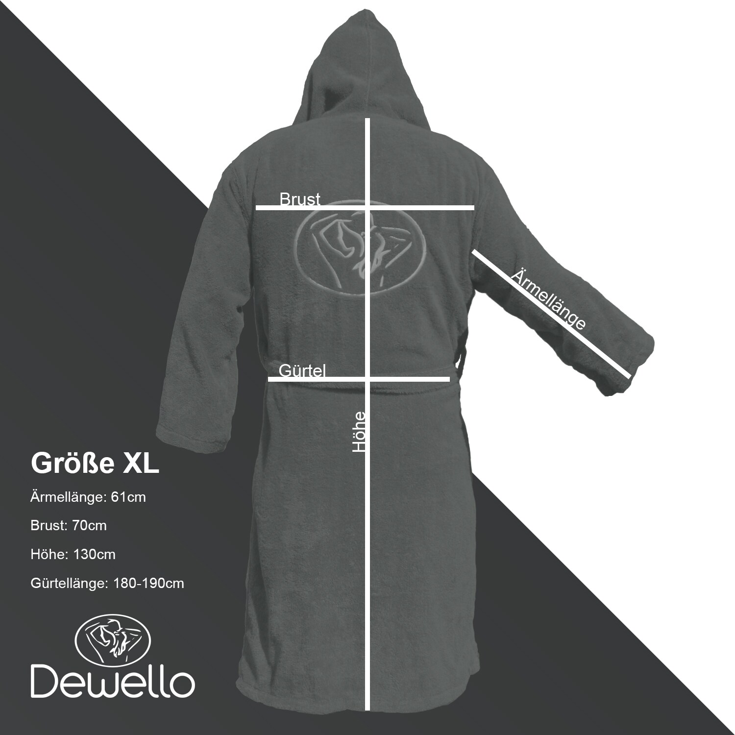 Dewello® Bademantel mit Kapuze Baumwolle, Frottee Unisex Grau, Verschiedene Größen, Farbe:Grau, Größe S