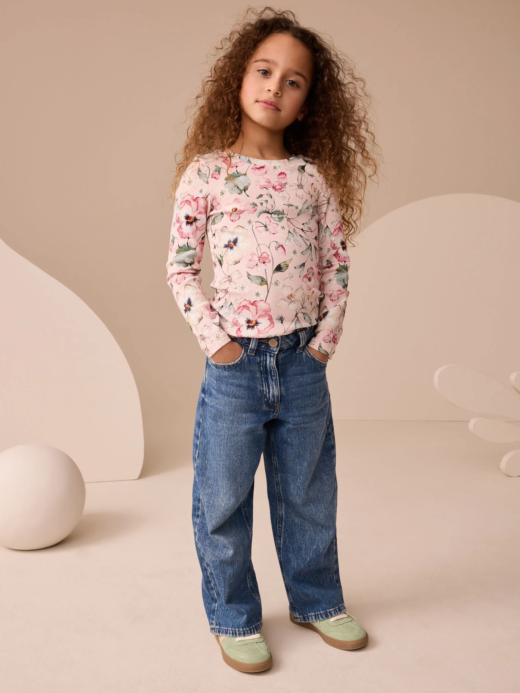 Roze met bloemenprint - Set van 4 geribbelde T-shirts met lange mouwen (3-16jr)