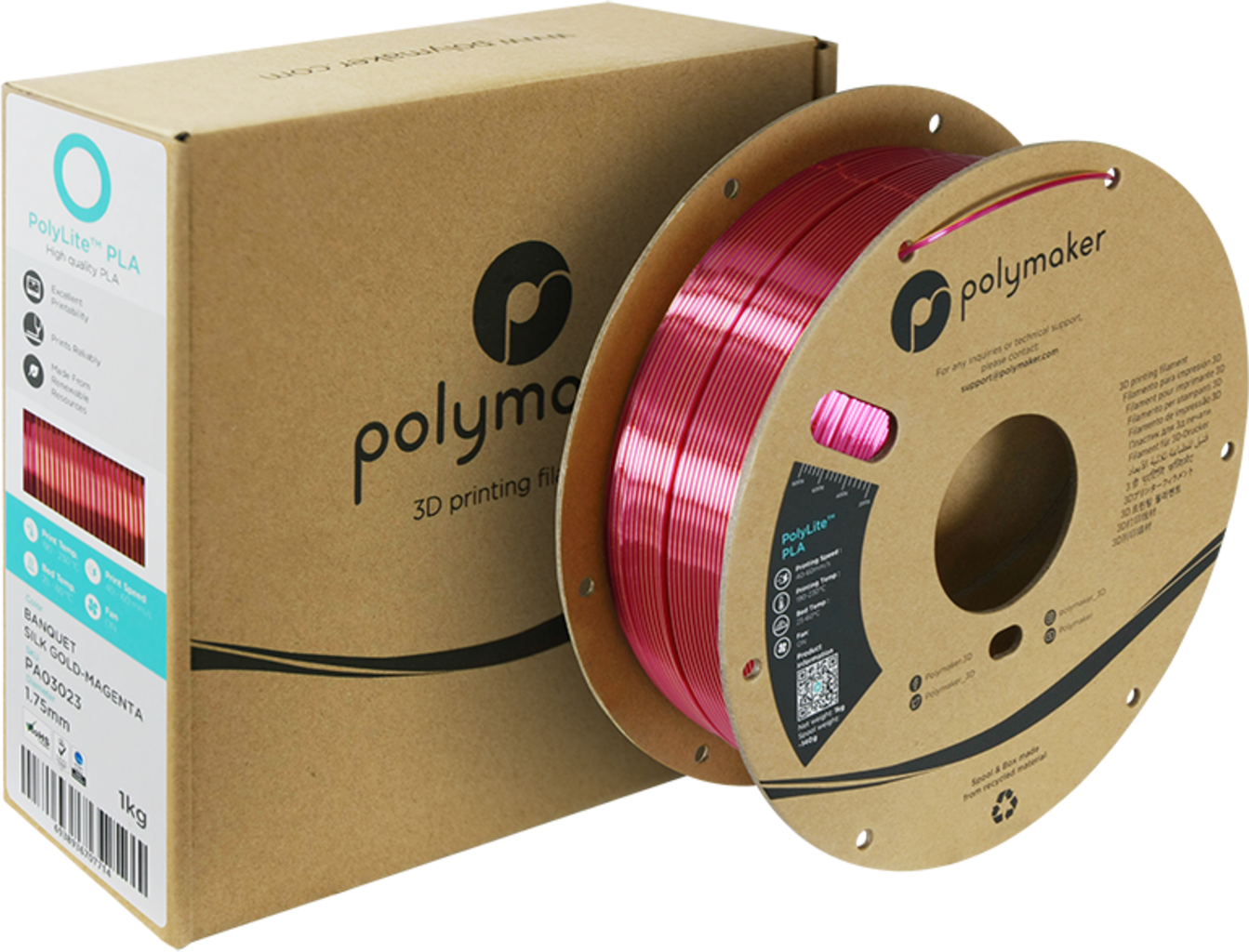 Polymaker  PolyLite Dual Silk PLA Banquet Gold-Magenta, 1,75 mm / 1000 g    Zweifarbiges PLA-Filament mit seidigem Finish