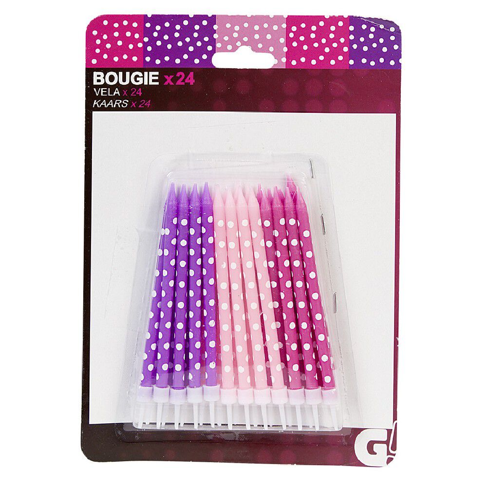 Bougies anniversaire à pois blanc rose et violet XXL x24