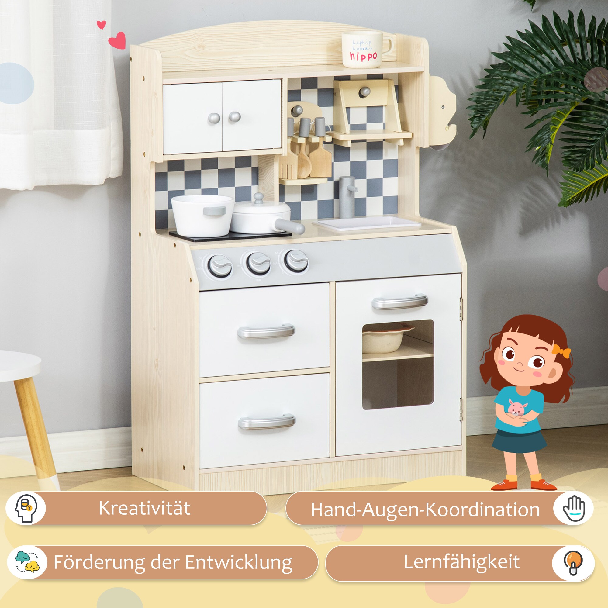 HOMCOM Kinderküchen mit Kochgeschirrzubehör bunt 54.5L x 29B x 80H cm