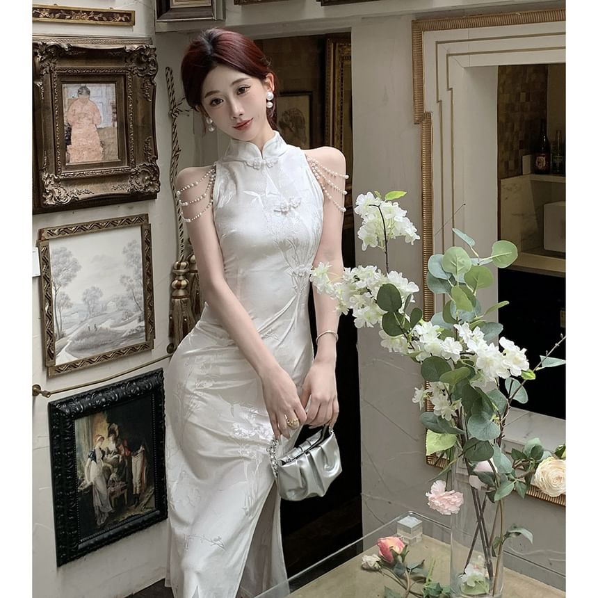 Aurora - Mouwloze Faux Pearl Chain Jacquard Midi Sheath Qipao