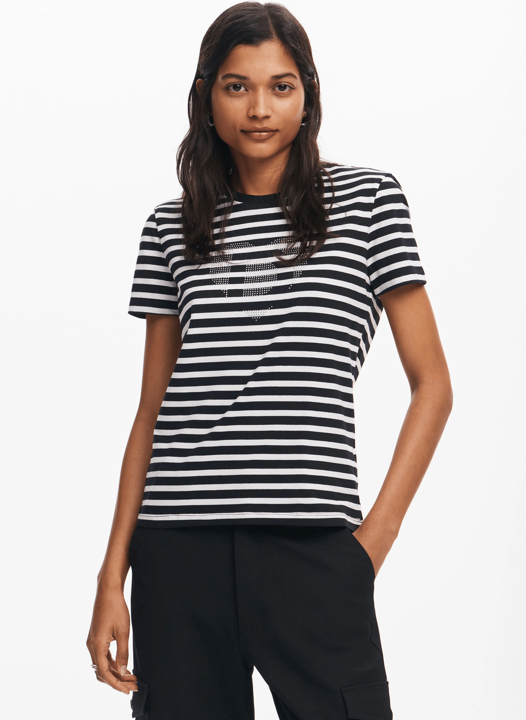 Tee-shirt col rond droit en coton mélangé rayé | Blanc
