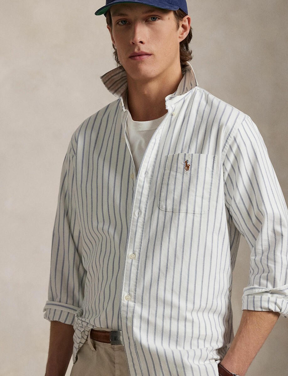 POLO RALPH LAUREN<br>Camisa reta listrada, Oxford, logotipo bordado
