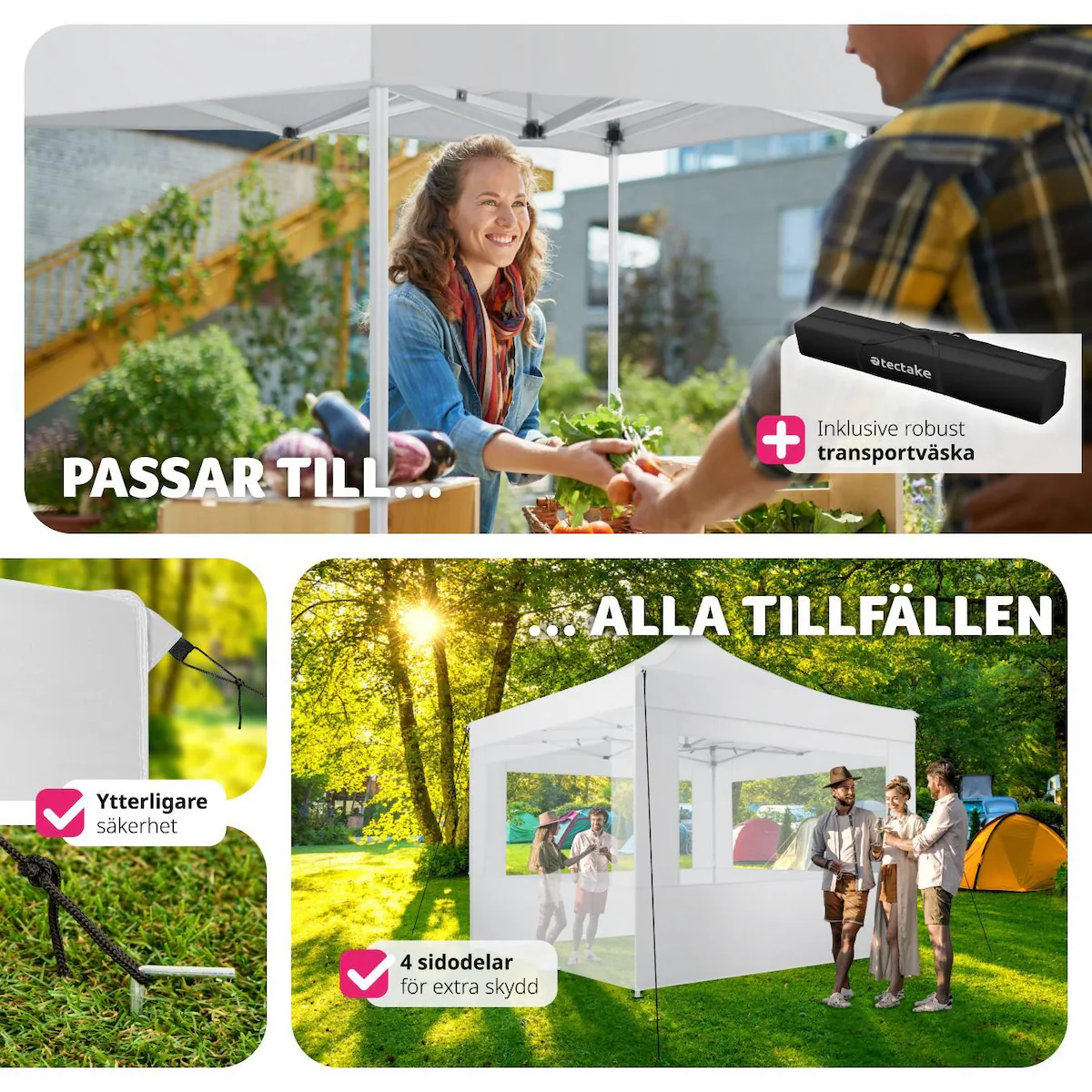 Partytelt, hagepaviljong Olivia 3x3 m med 4 vegger - hvit