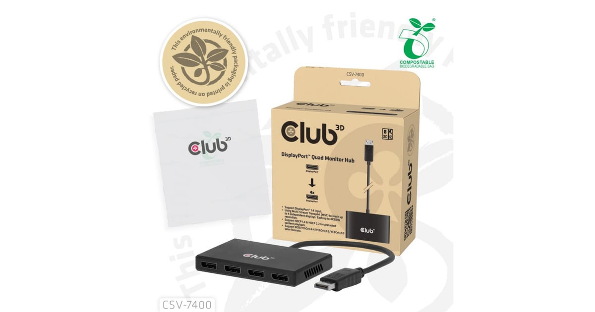 Club 3DDisplayPort Quad Monitor Hub MST 4x 4K30Hz displayport splitter  (Zwart)