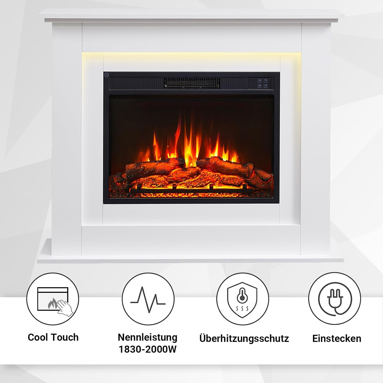 BALDERIA Finn Elektrokamin - Standkamin mit Heizung 2000 W, realistischer 3D-Flammeneffekt, Ambientebeleuchtung, Fernbedienung, Timer, Thermostat - Weiß