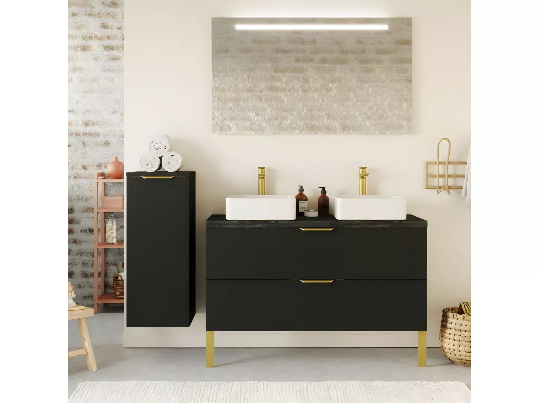 Meuble de salle de bain suspendu 2 vasques à poser 120cm 2 tiroirs Noir - Venice