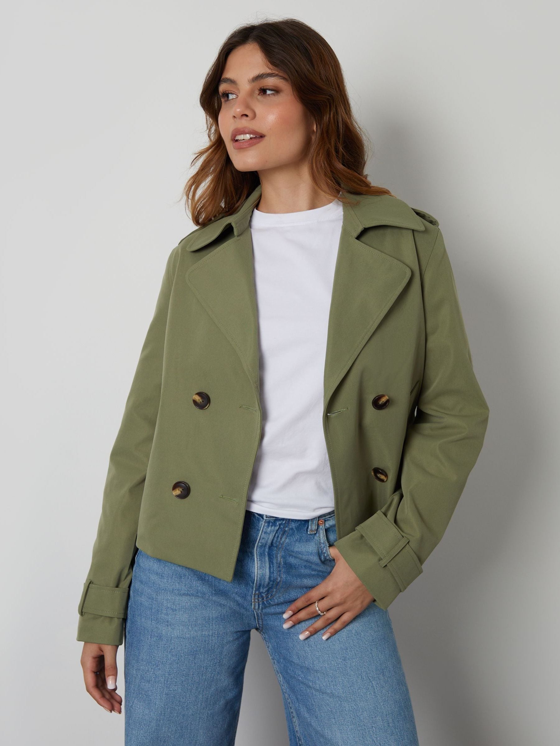 Groen - Threadbare cropped trenchcoat met dubbele rij knopen