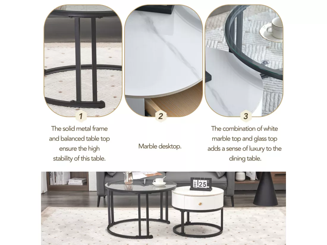 Lot de 2 table basse gigogne - table ronde, cadre en noir plateau en verre et ardoise marbrée blanc avec 1 tiroir - ø70x45,5+ø50x40cm