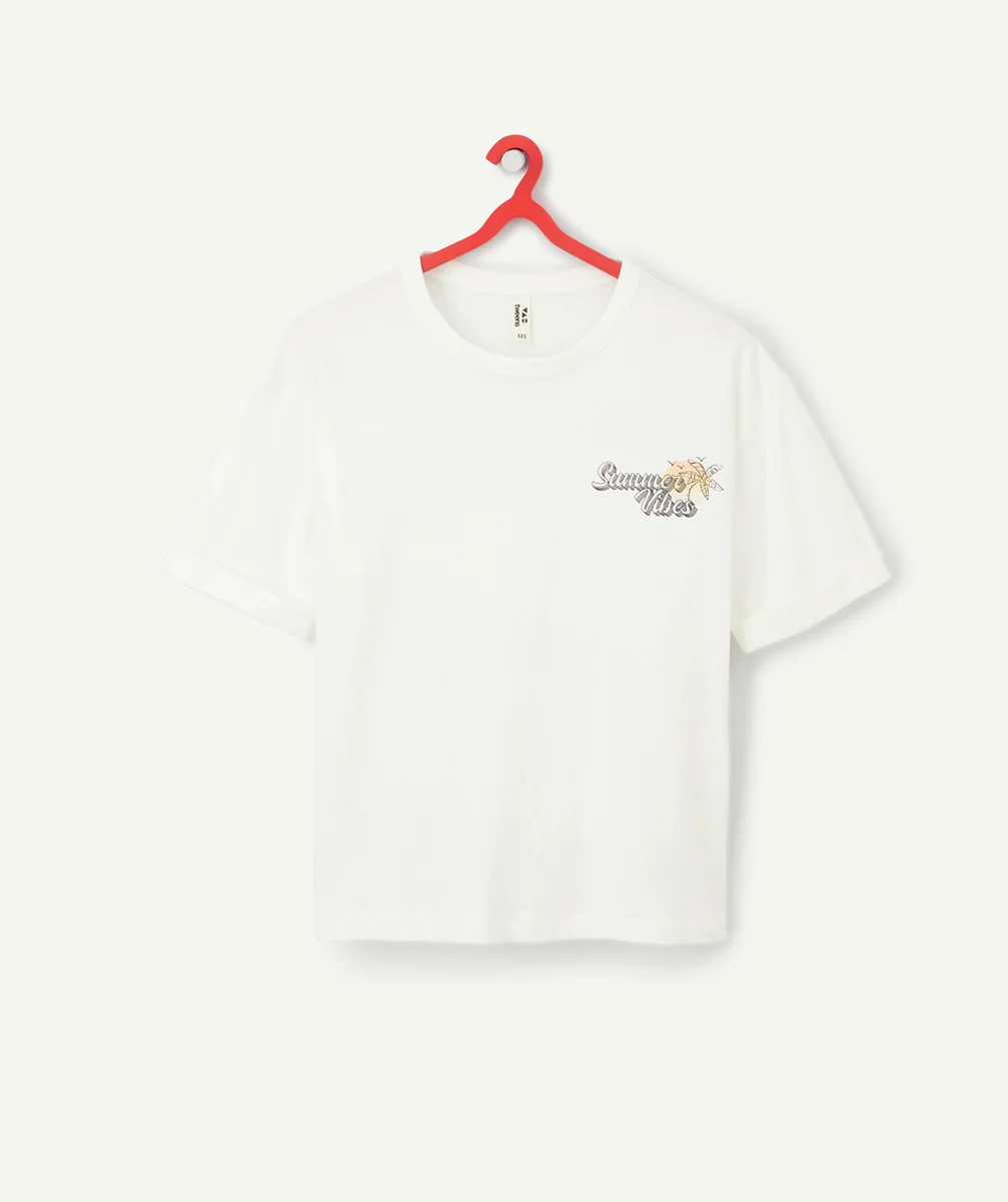 T-SHIRT FILLE EN COTON BLANC AVEC MESSAGE ET MOTIF DOS