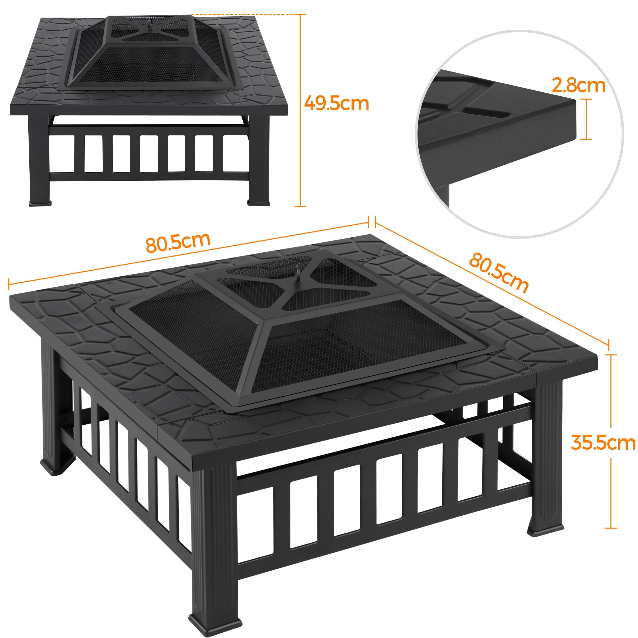 Yaheetech Brasero Extérieur 3 en 1 Carrée Multifonctionnelle 81x81x50cm pour Terrasse Balcon Poêles à Bois avec Couverture en Maille Poker Noir