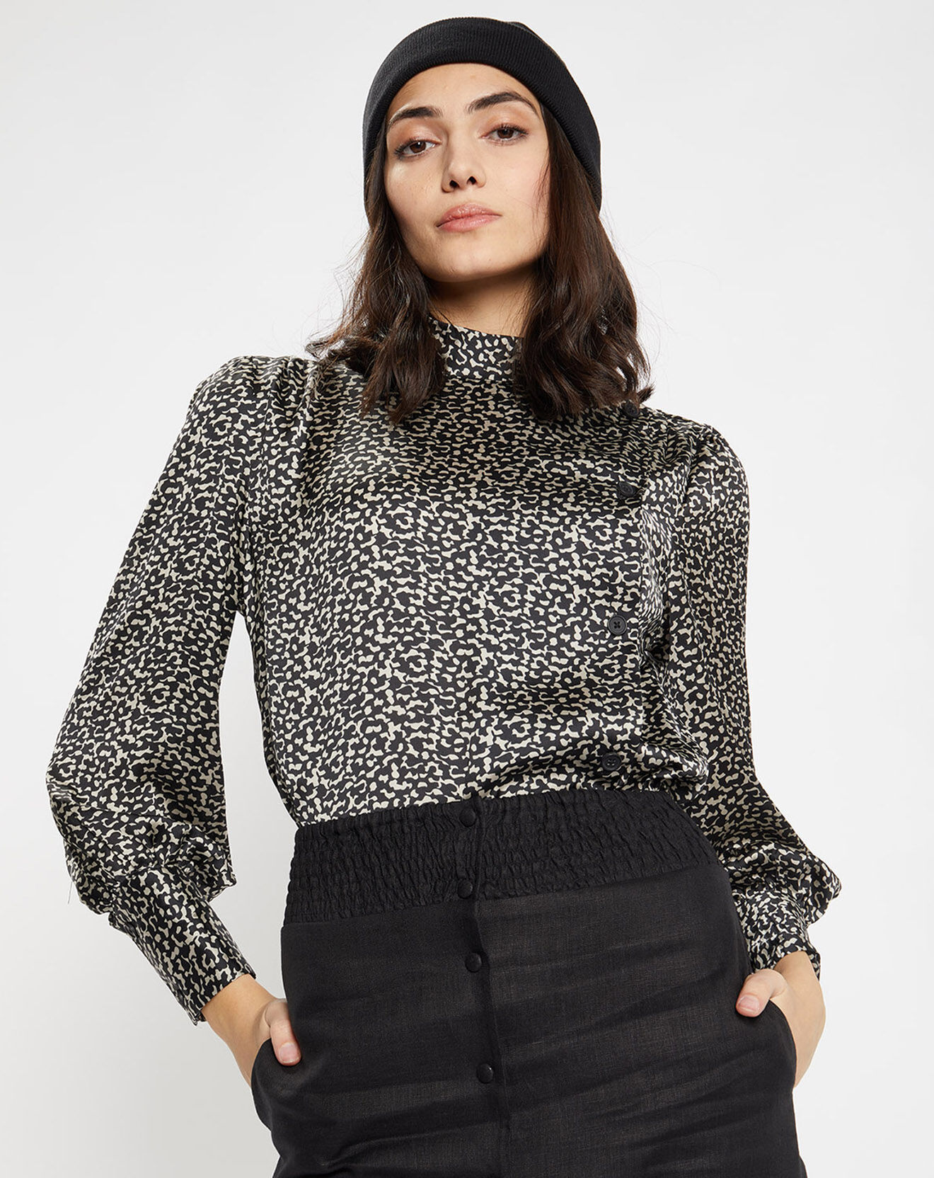 Galeries Lafayette Chemise fluide Cassis imprimé fantaisie noir/écru