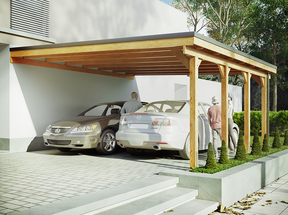 Carport adosse bois riverside - 2 voiture - 548 x 550 - abri 2 voiture - feutre bitumeux sur les voliges - toit plat