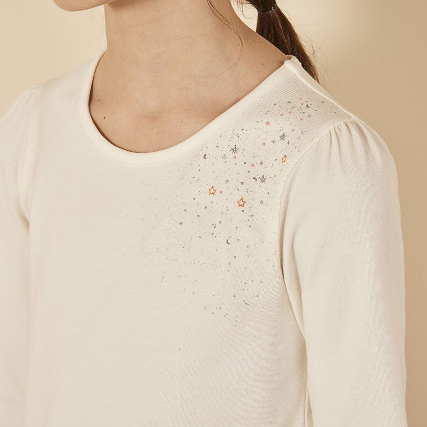 Robe bi-matière effet 2 en 1 avec tulle bicolore pour fille - Ecru