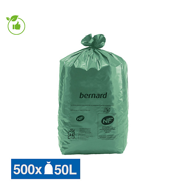 Sacs poubelle déchets lourds Bernard Green NF verts 50 L, lot de 500