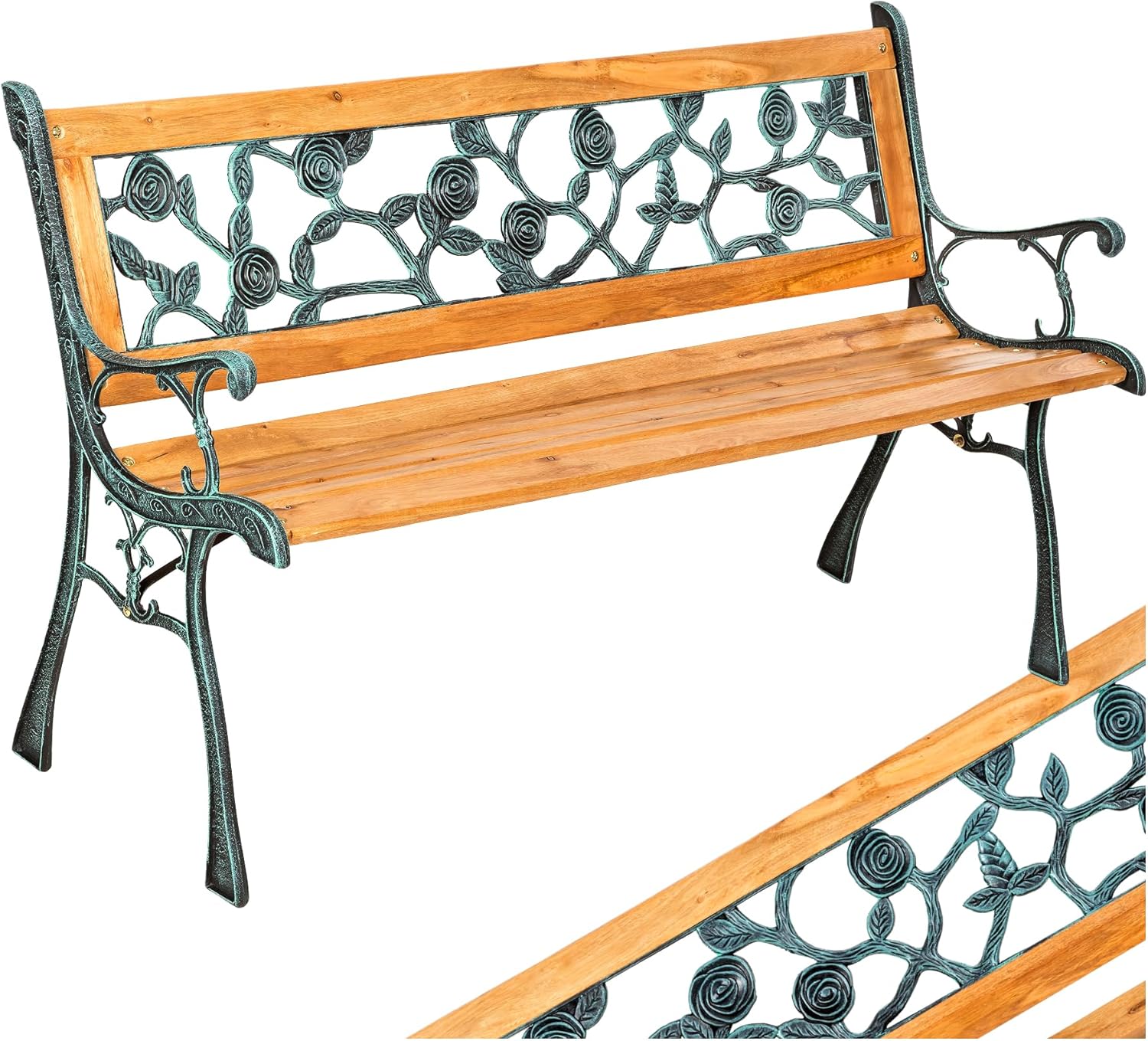 tectake® 2-Sitzer Gartenbank wetterfest, Gartenbank Holz im Landhausstil für Wintergarten Möbel, als romantische Balkonbank, Holzbank Garten, Gartenmöbel Bänke 124 x 52 x 74 cm ER1323114