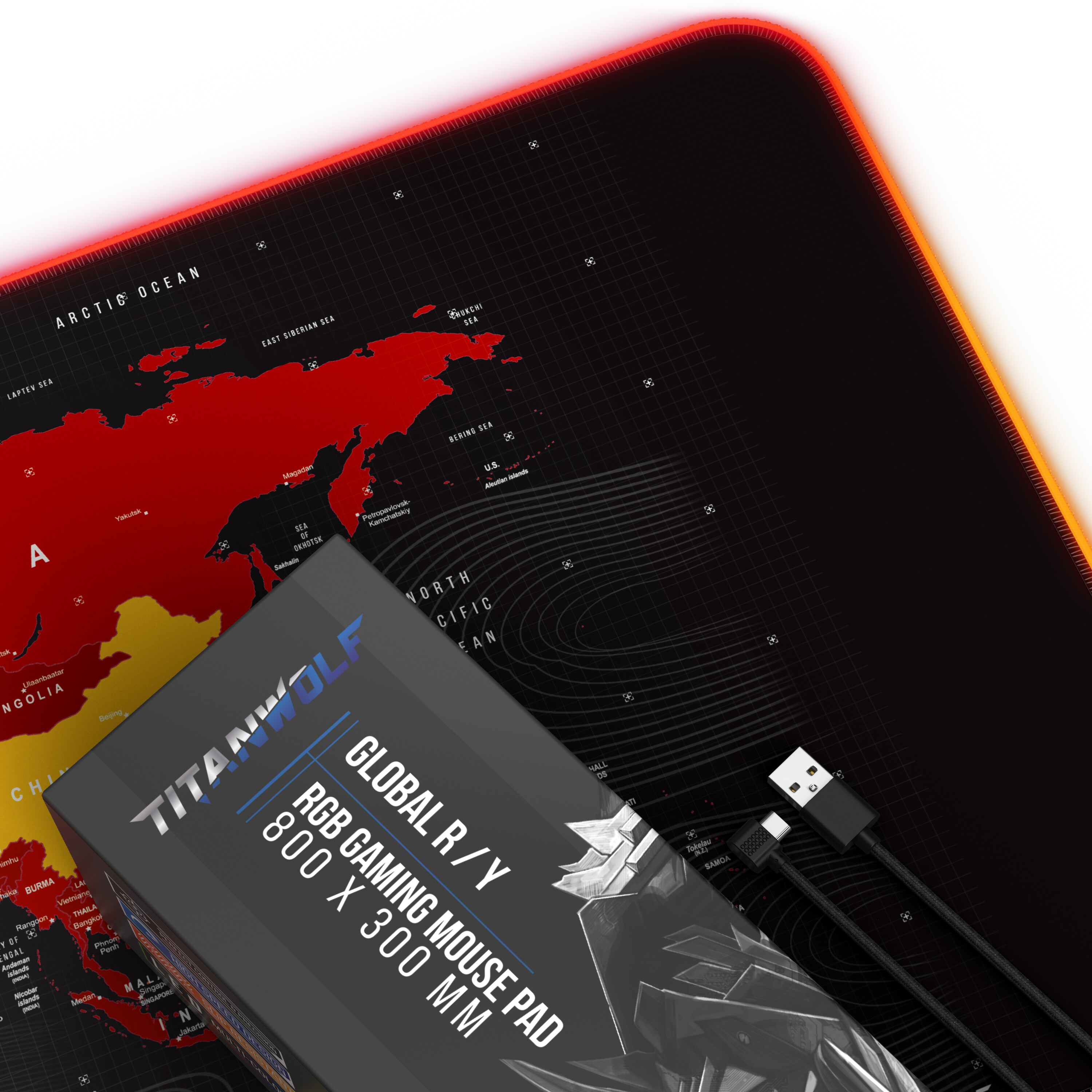 Titanwolf RGB Gaming Mauspad, Mousepad XL 800 x 300mm verbessert Präzision & Geschwindigkeit, Weltkarte rot