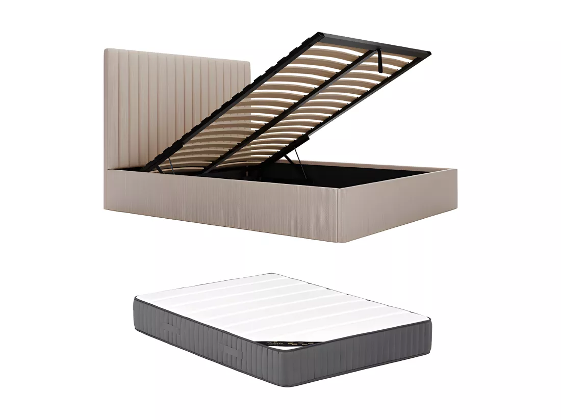 Lit coffre 140 x 190 cm avec tête de lit coutures verticales - Velours côtelé - Beige + Matelas - SARAH