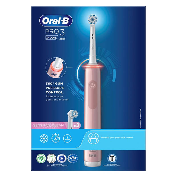 Oral-B elektrische tandenborstel Pro 3 3400 Sensitive roze - incl. 2 opzetborstels
