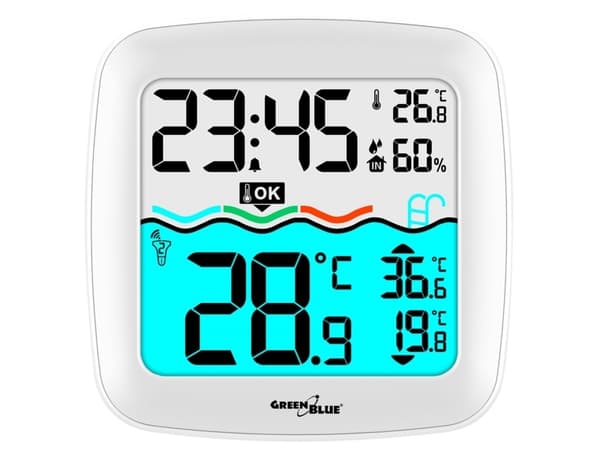 Vejrstation med GreenBlue pooltermometer, rækkevidde 60 m, svømmende sensor, temperatur, tid, kalender, DCF, GB216
