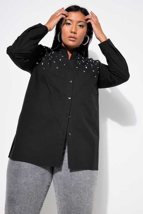 Hemdbluse, gerade, Ziersteinchen, Langarm