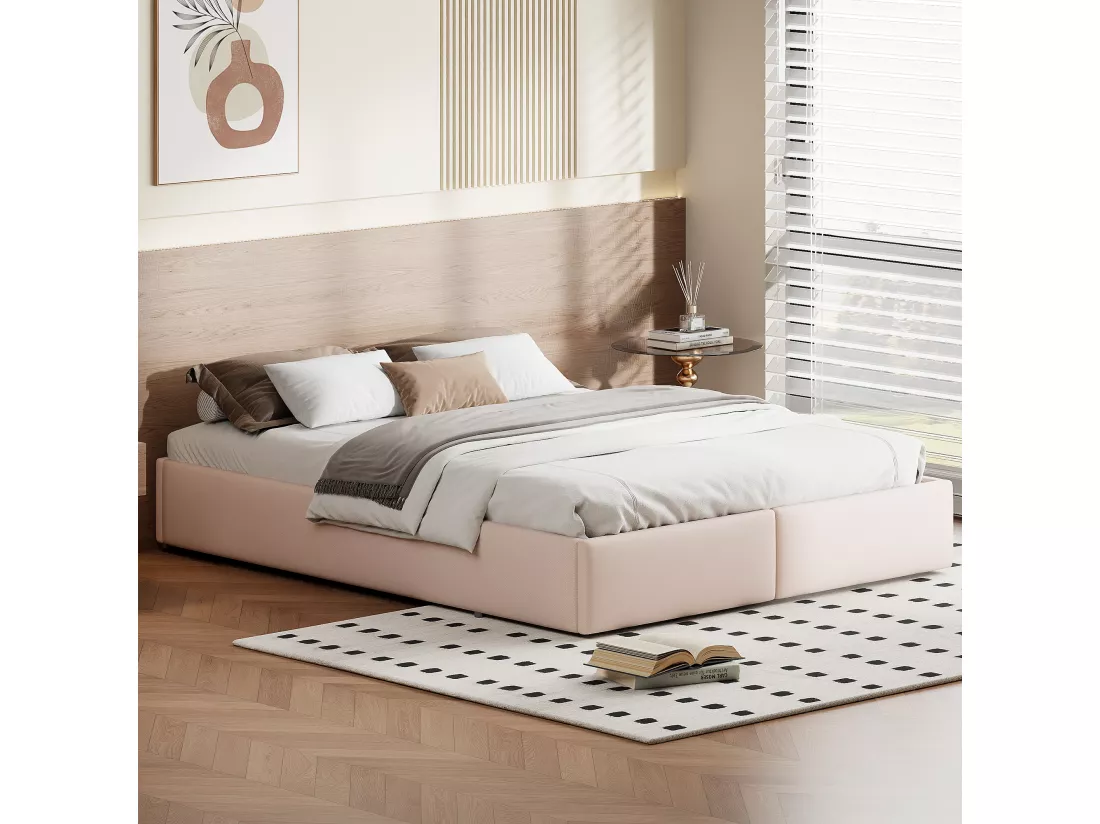 Lit coffre 160x200cm en tissu lin avec 2 tiroirs - sommier à lattes - sans tête de lit - Beige