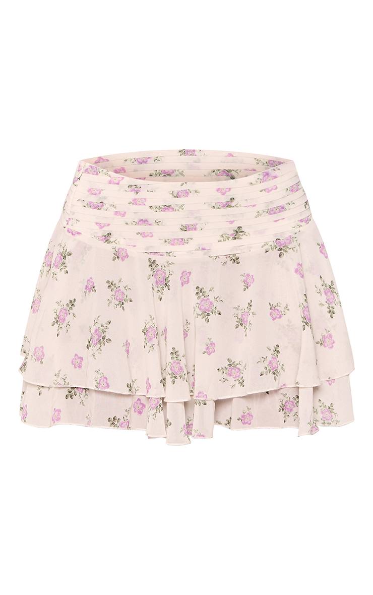 Crème Ensemble Jupe Mini Plissée À Volants En Mousseline Imprimé Floral