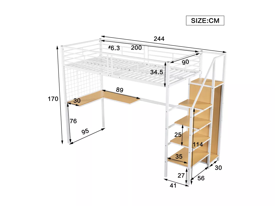 Lit mezzanine 90 x 200 cm avec bureau d'angle et armoire - fer + panneaux de particules - blanc + naturel