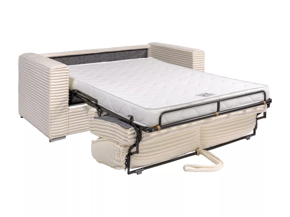 Canapé 3 places convertible express en velours côtelé grosses côtes beige - Couchage à lattes larges 140 cm - Matelas 14 cm LORETO