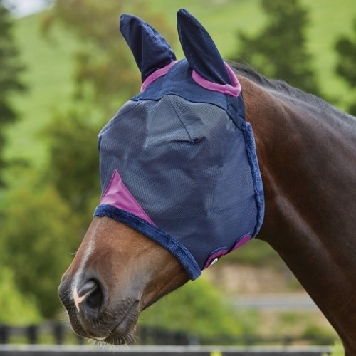 Máscara para cavalos Comfitec com rede para cabelo e protetores auriculares, azul-marinho/roxo
