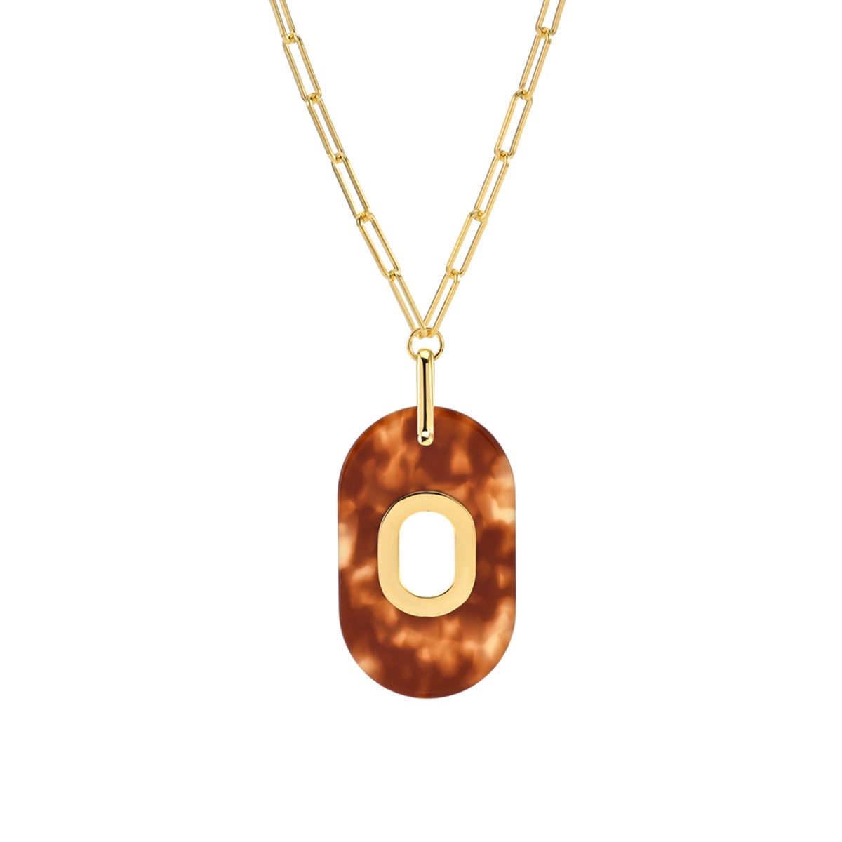 Collier En Argent Doré Et Acétate Marron Médaillon Ovale