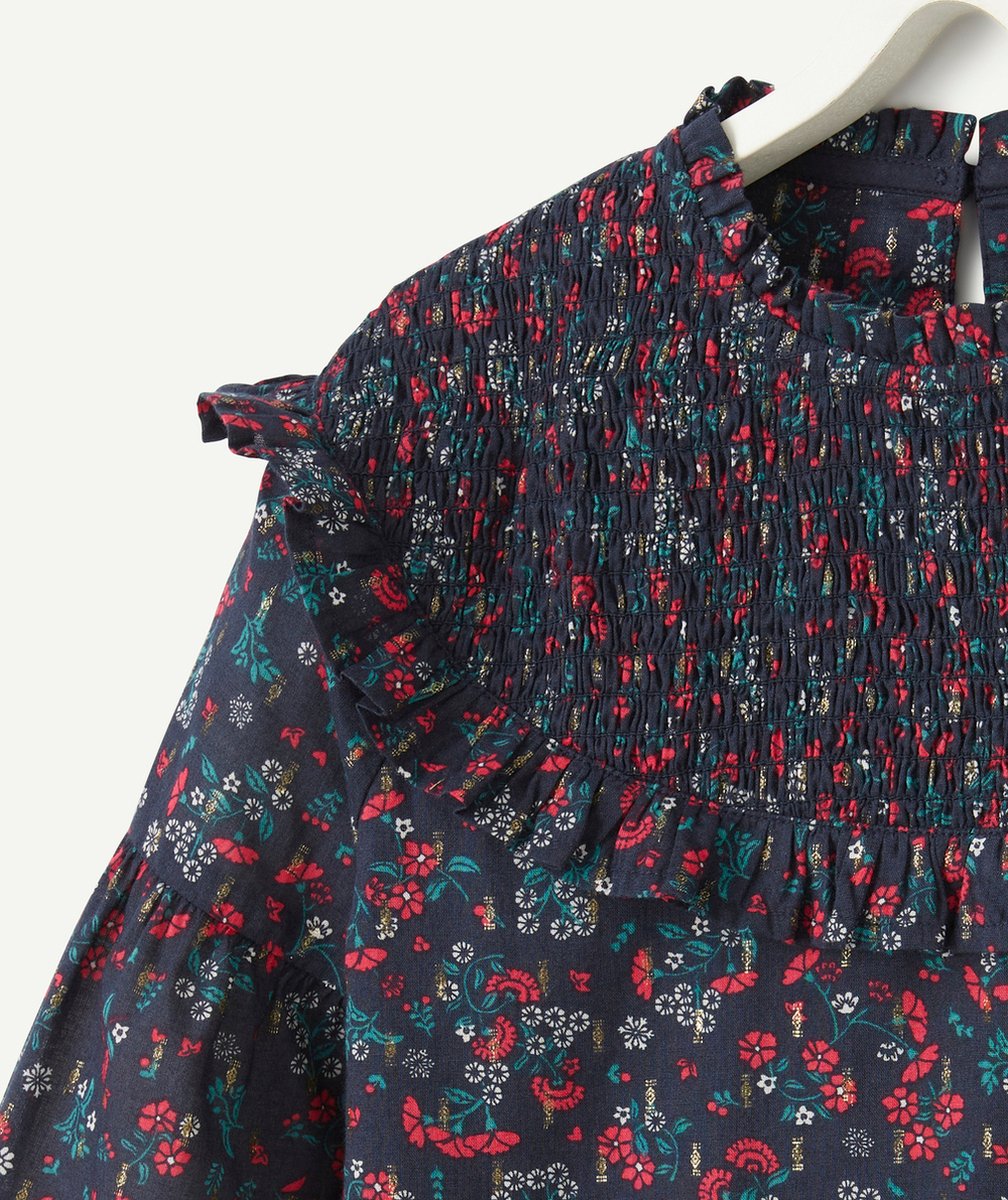 ROBE FILLE EN COTON BLEU MARINE IMPRIMÉE FLORAL ROUGE ET VERT