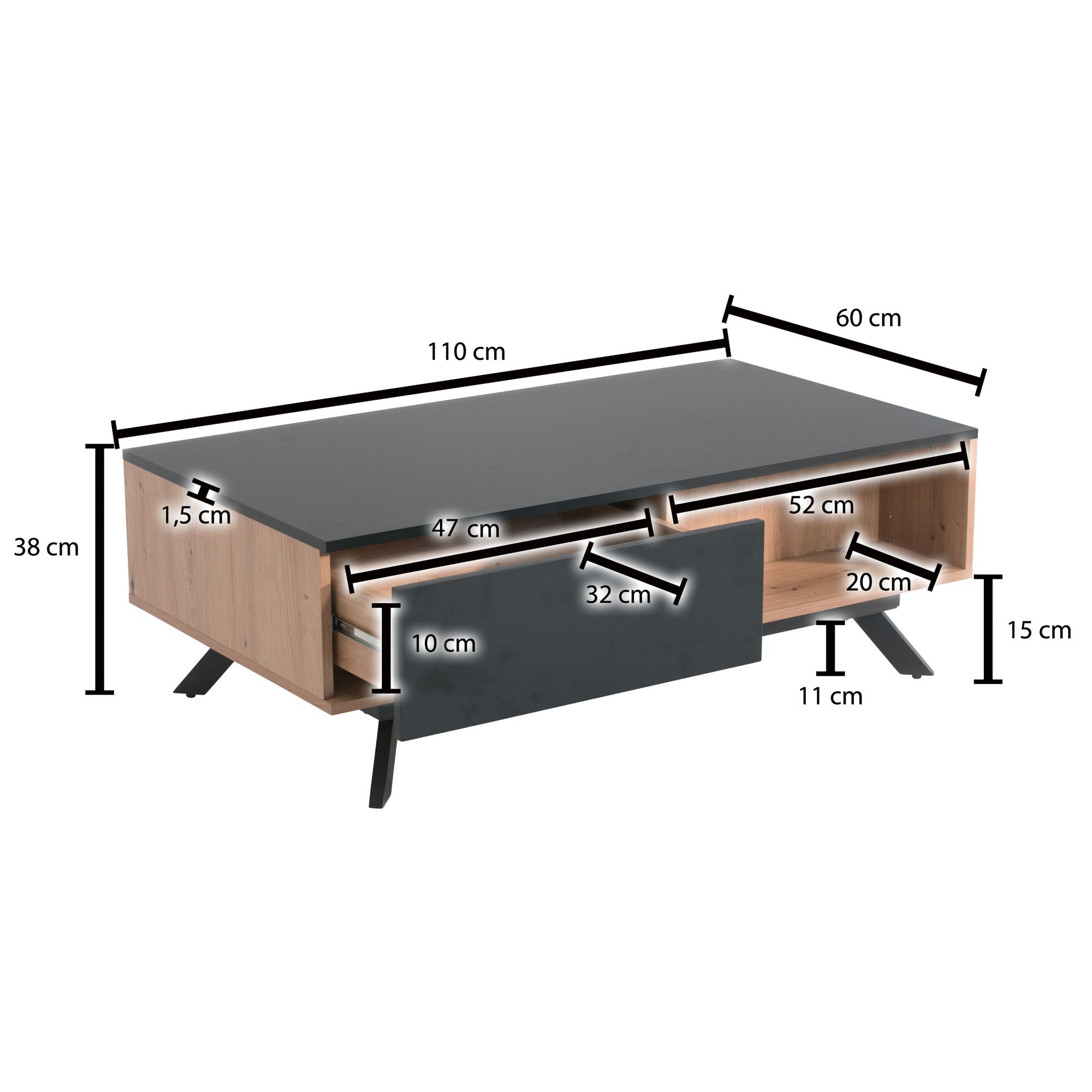 Couchtisch FineBuy Sofatisch 110x60x38 cm MDF Eiche Wohnzimmertisch Rechteckig