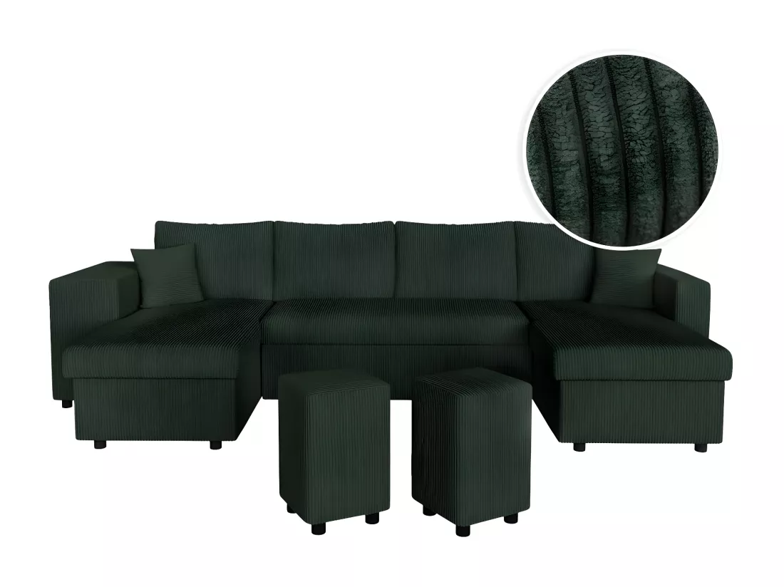 Canapé panoramique Oslo convertible avec 2 coffres, 2 poufs à gauche en velours côtelé vert foncé - L311 x P146 x H81cm - Loungitude