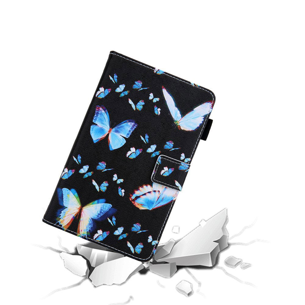 Samsung Galaxy Tab A7 Lite Leder Tasche Flip Case Blaue Schmetterlinge   Stift Halterung - Schwarz