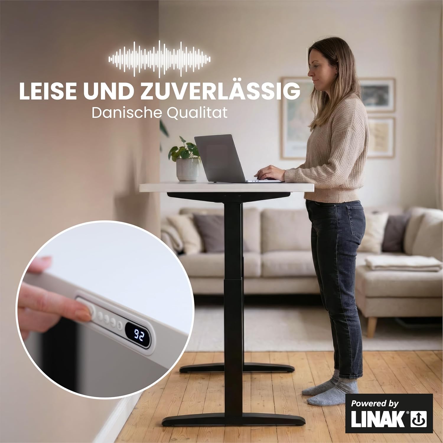 112 x 77 cm Höhenverstellbarer Schreibtisch Elektrisch – Kleiner Kompakter Stehschreibtisch mit LINAK Motor - Platzsparend für kleine Wohnungen & Home Office, werkzeugfreie Montage – Weiß